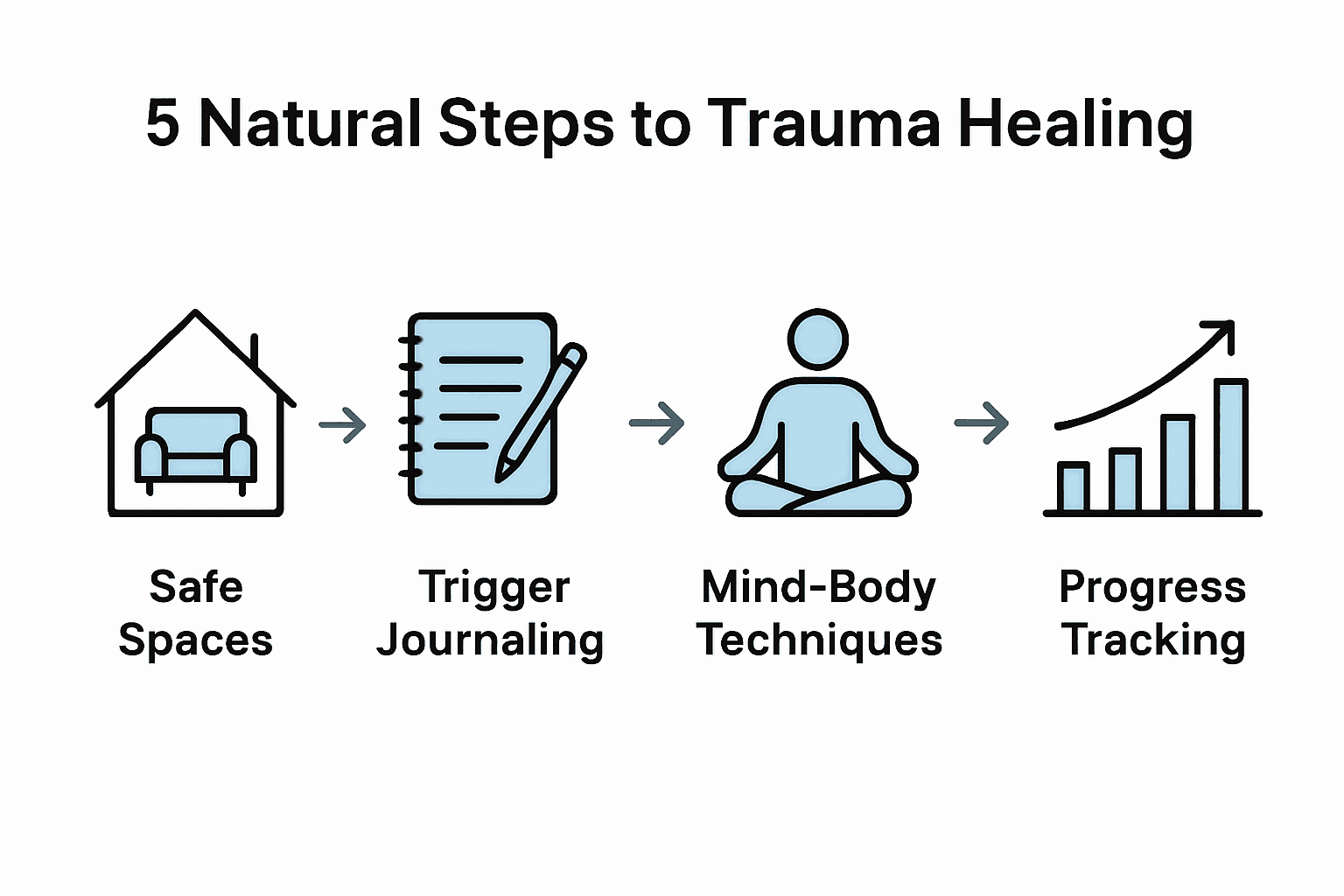 Five step trauma healing infographic with icons showing a room, journal, meditation, therapy, and progress chart.
