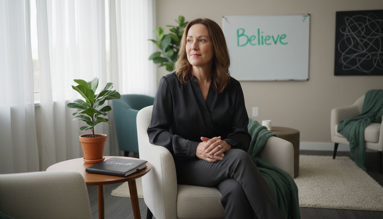 Woman reflecting in tranquil therapy setting
