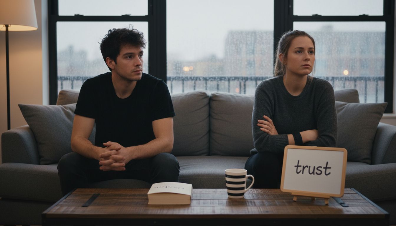 Couple distant in living room with trust whiteboard
