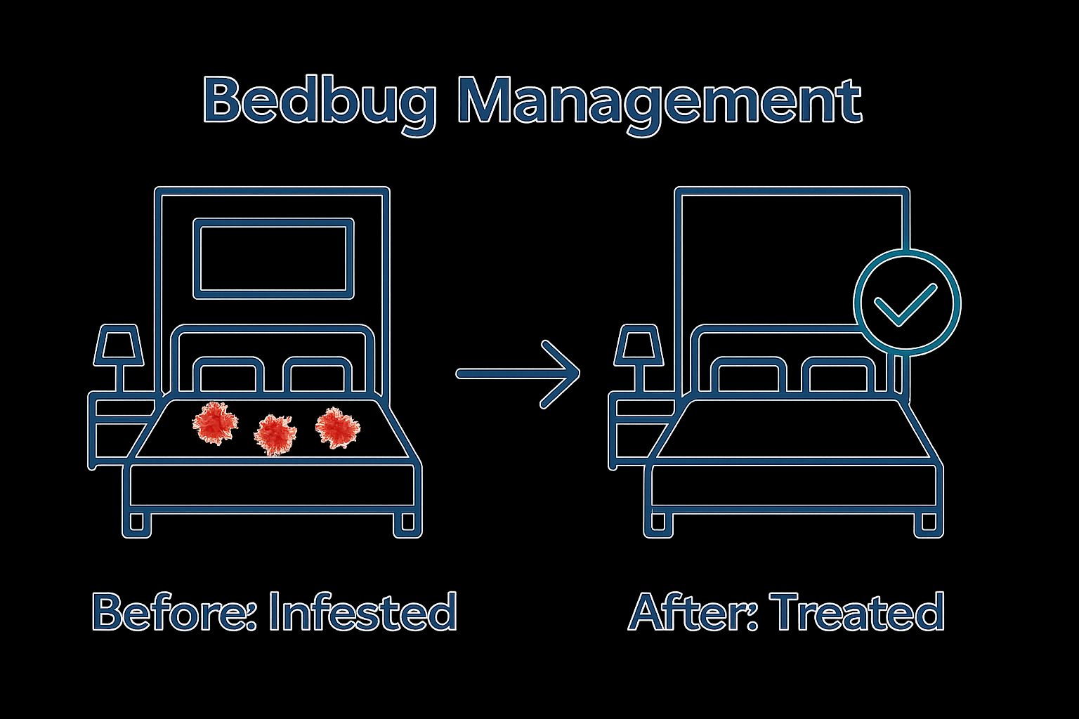 Simple before-and-after infographic showing bedbug removal in a hotel room