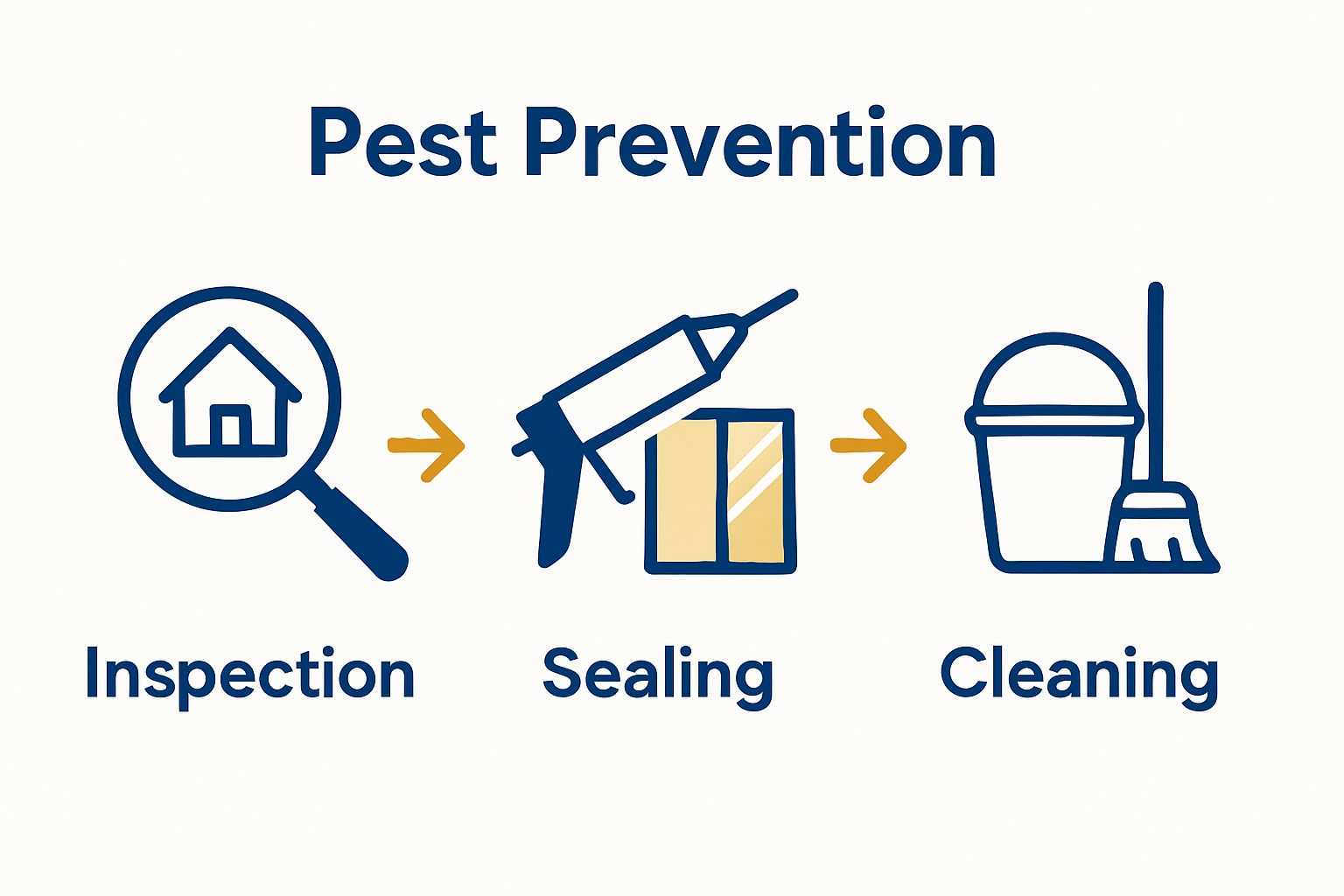 Infographic showing inspection, sealing, and cleaning steps to keep pests out