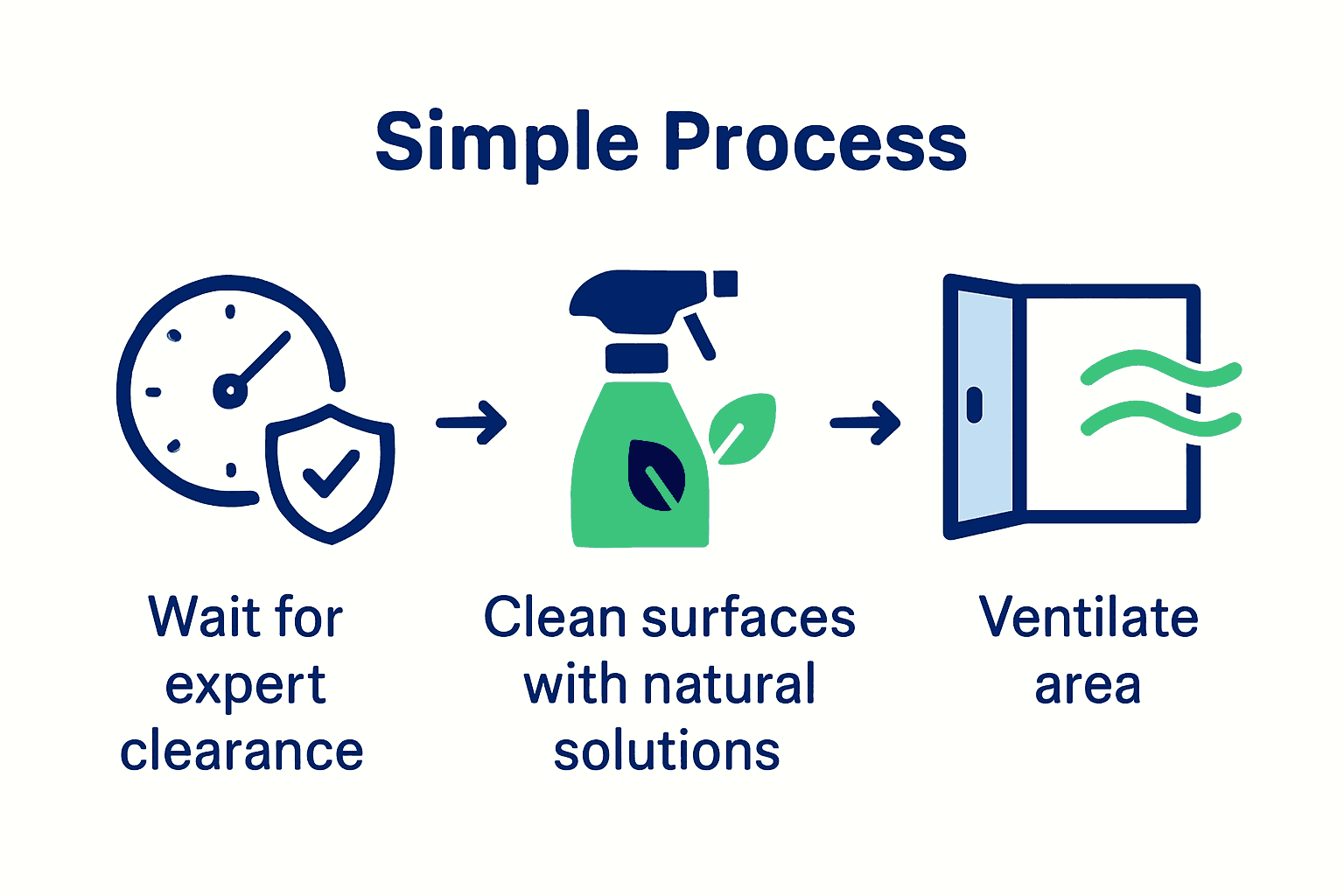 Infographic showing three steps: waiting for clearance, cleaning naturally, ventilating after pest treatment.