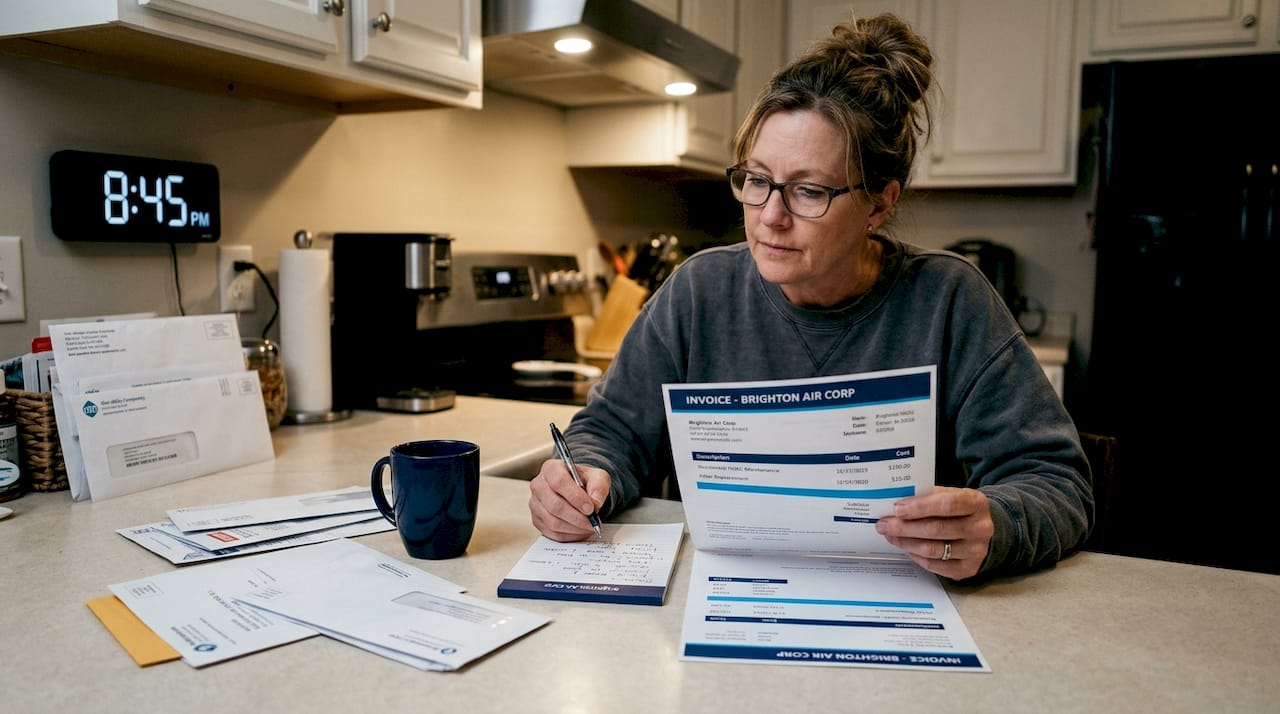 Woman reviews HVAC invoice at night in kitchen