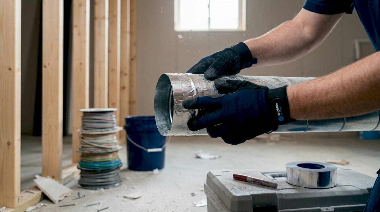 Hands sealing duct during HVAC repair
