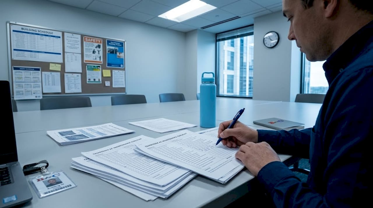 Manager reviewing annual AC maintenance checklist