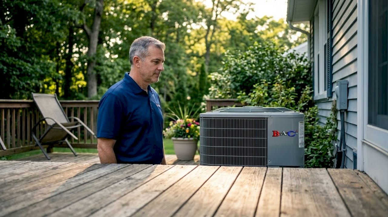 Homeowner stands outside house near AC unit