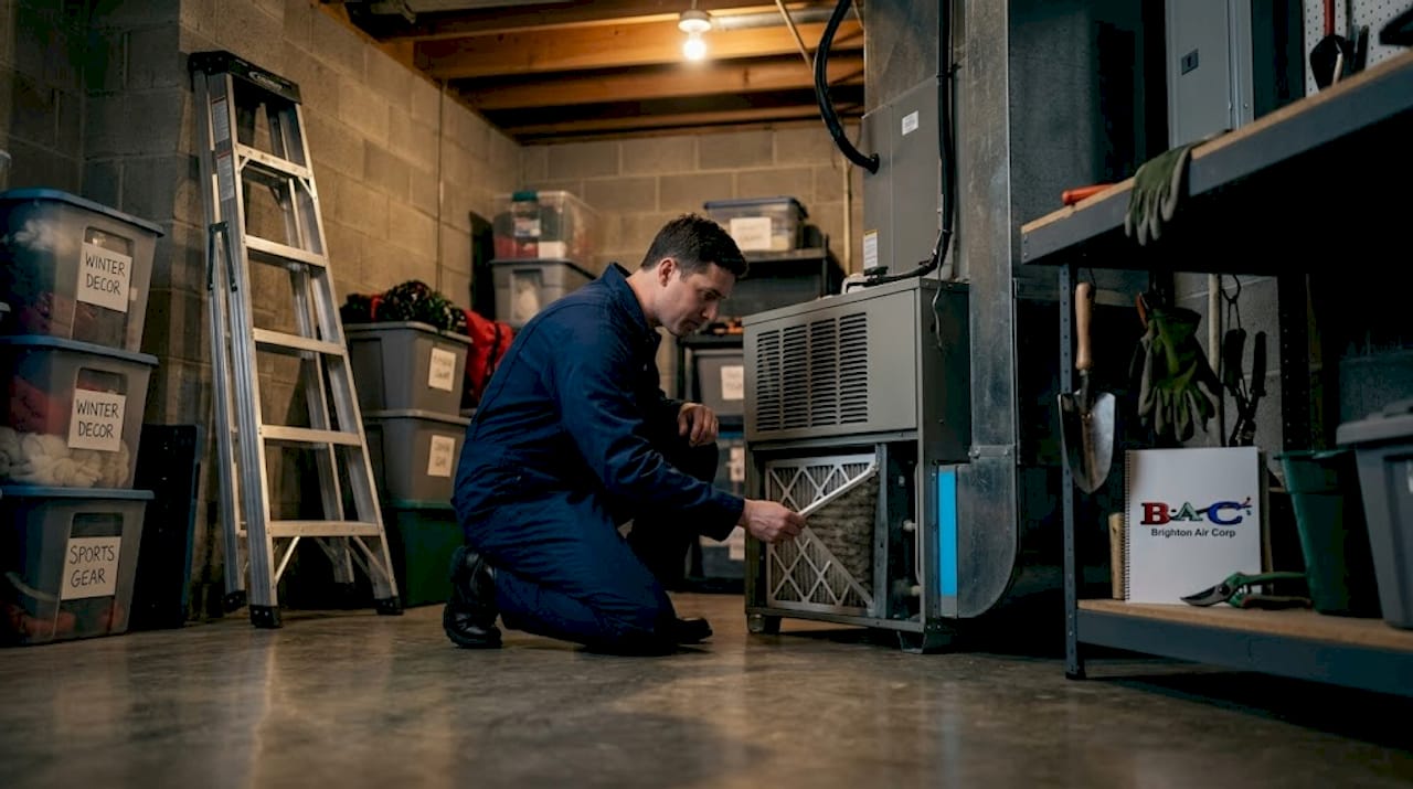 Technician inspects central AC unit in basement