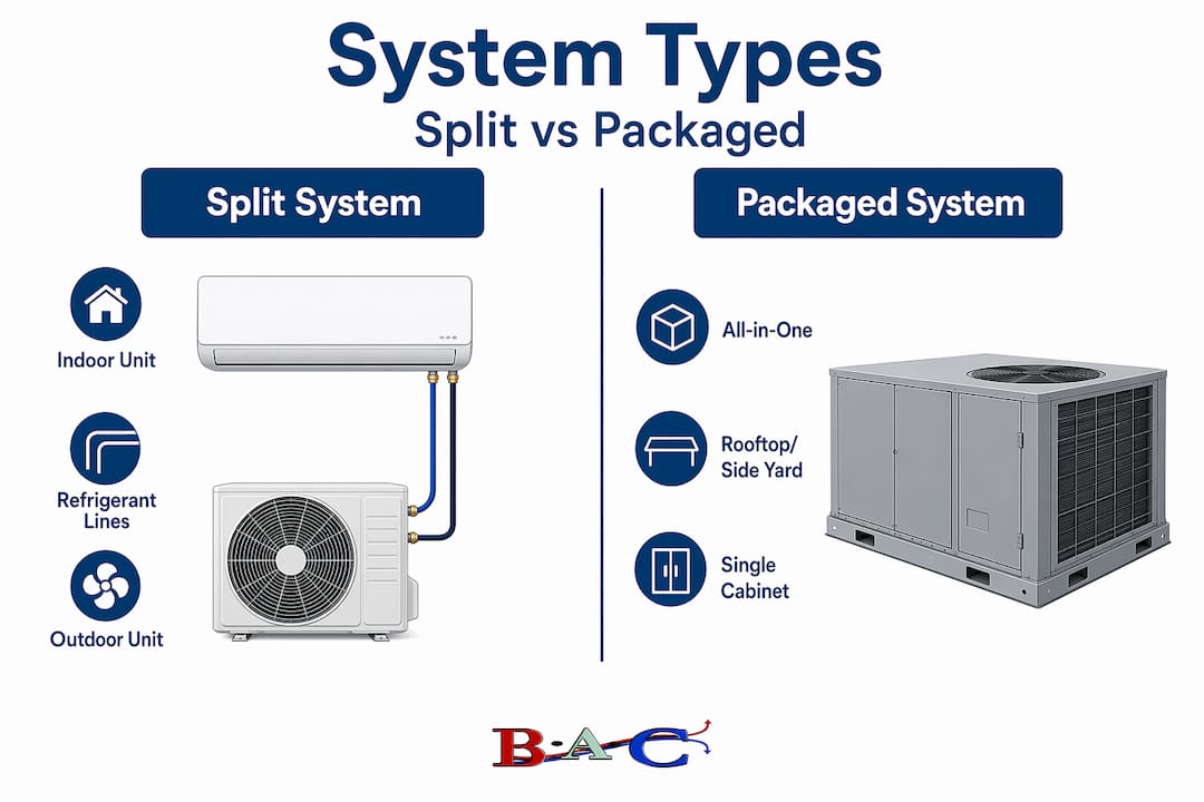 Infographic comparing split and packaged AC systems