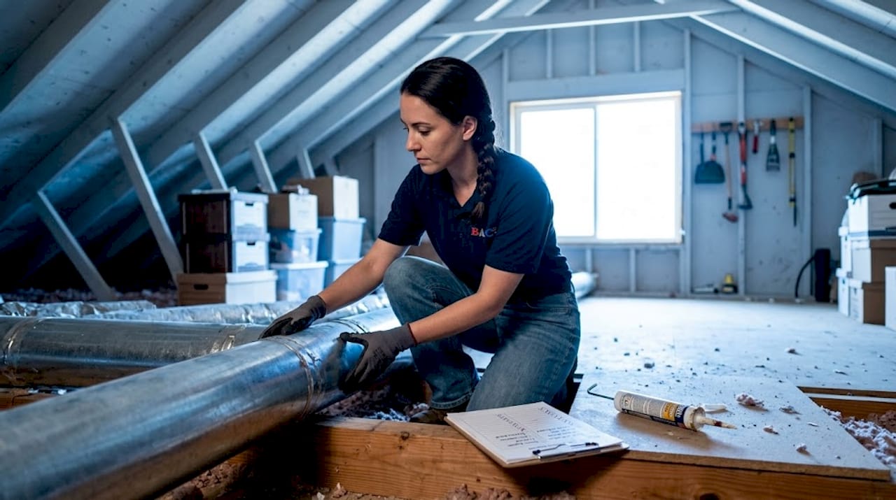 Technician sealing attic ductwork connections