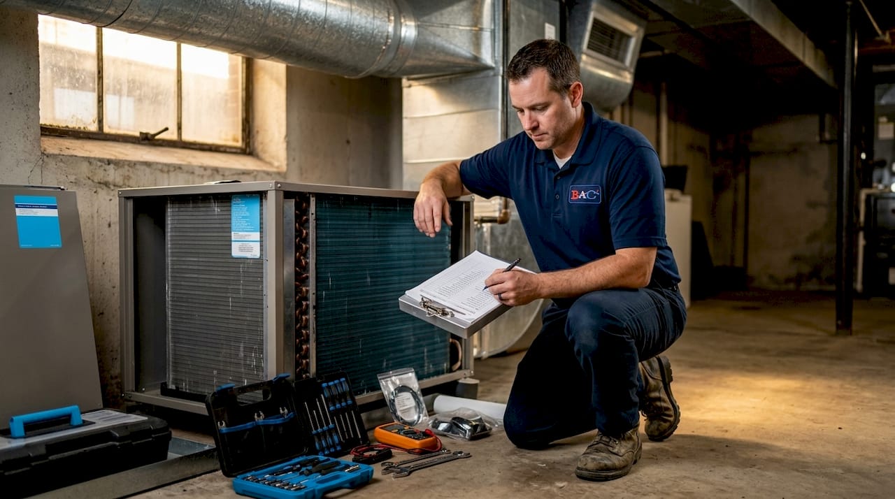 Technician inspecting HVAC system checklist