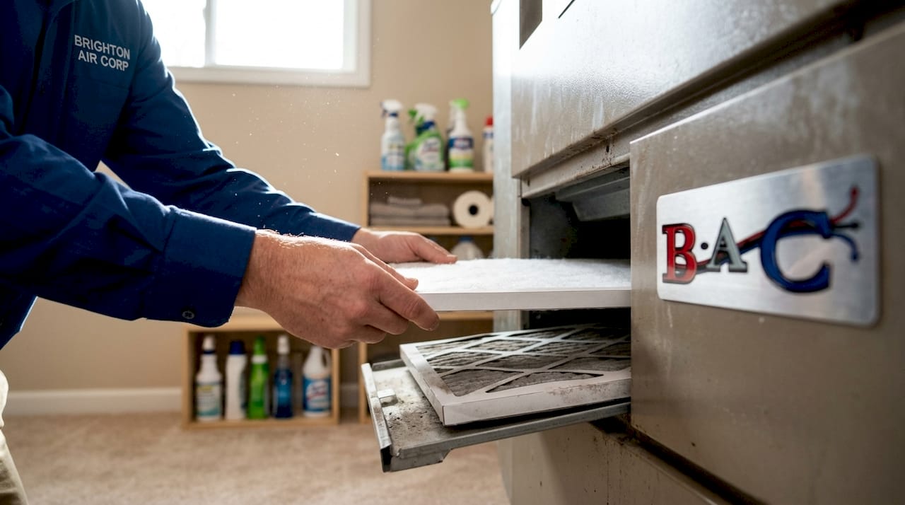 Hands replacing dirty furnace air filter
