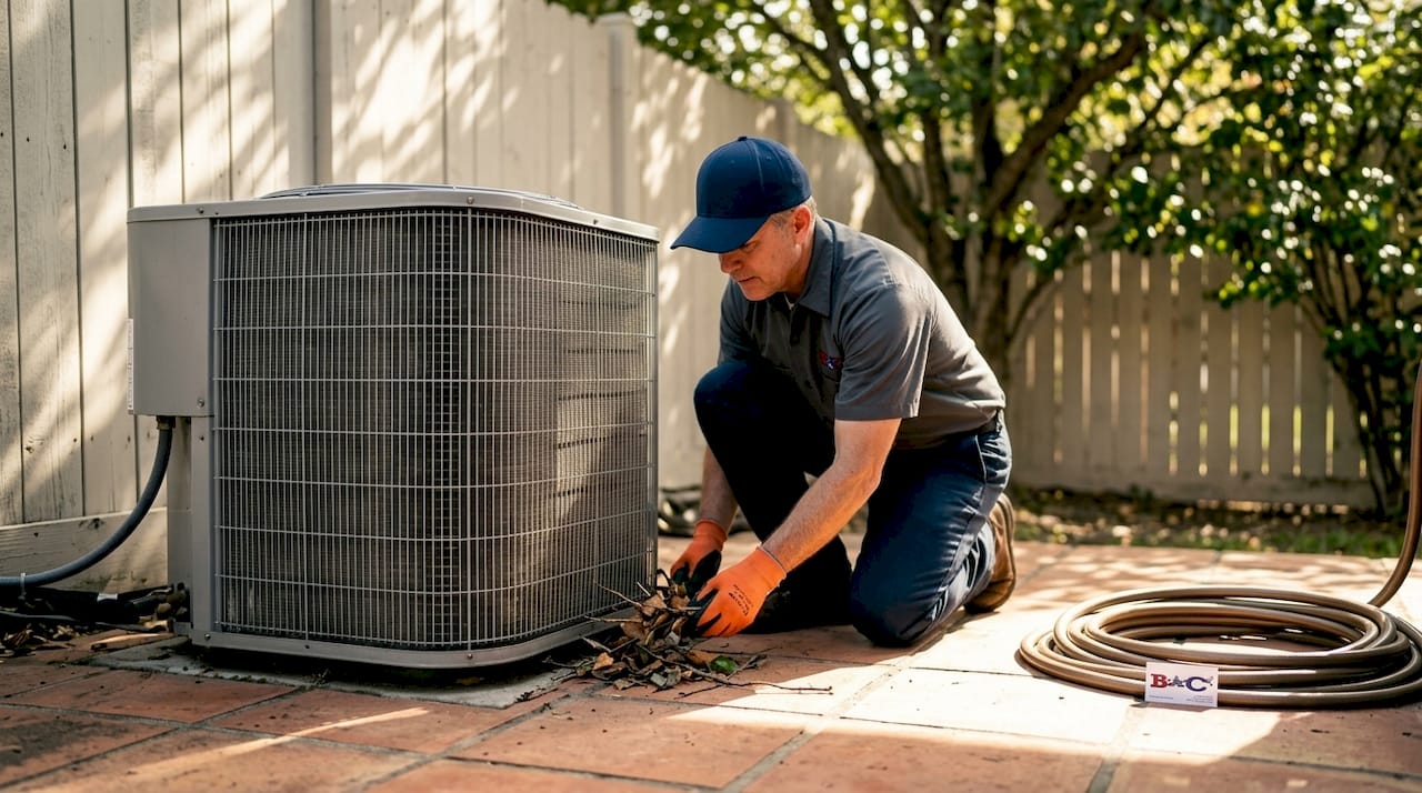 Cleaning outdoor HVAC condenser unit in backyard