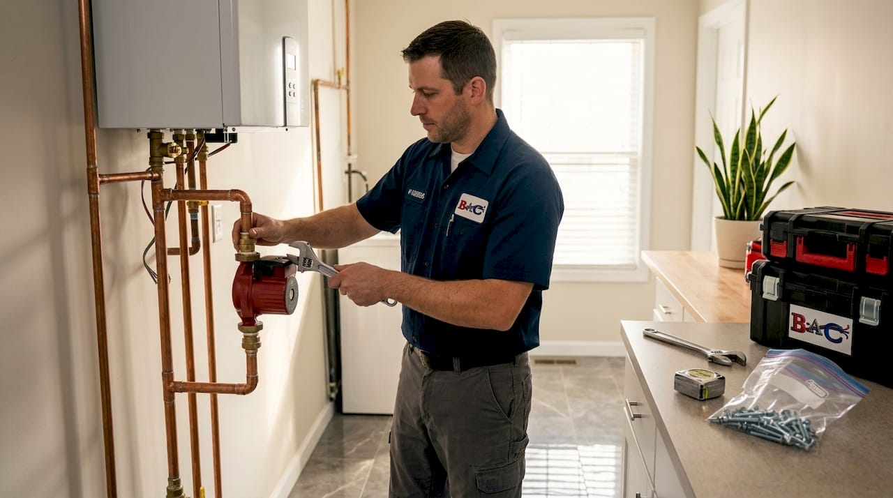 Installer mounting pump beside boiler