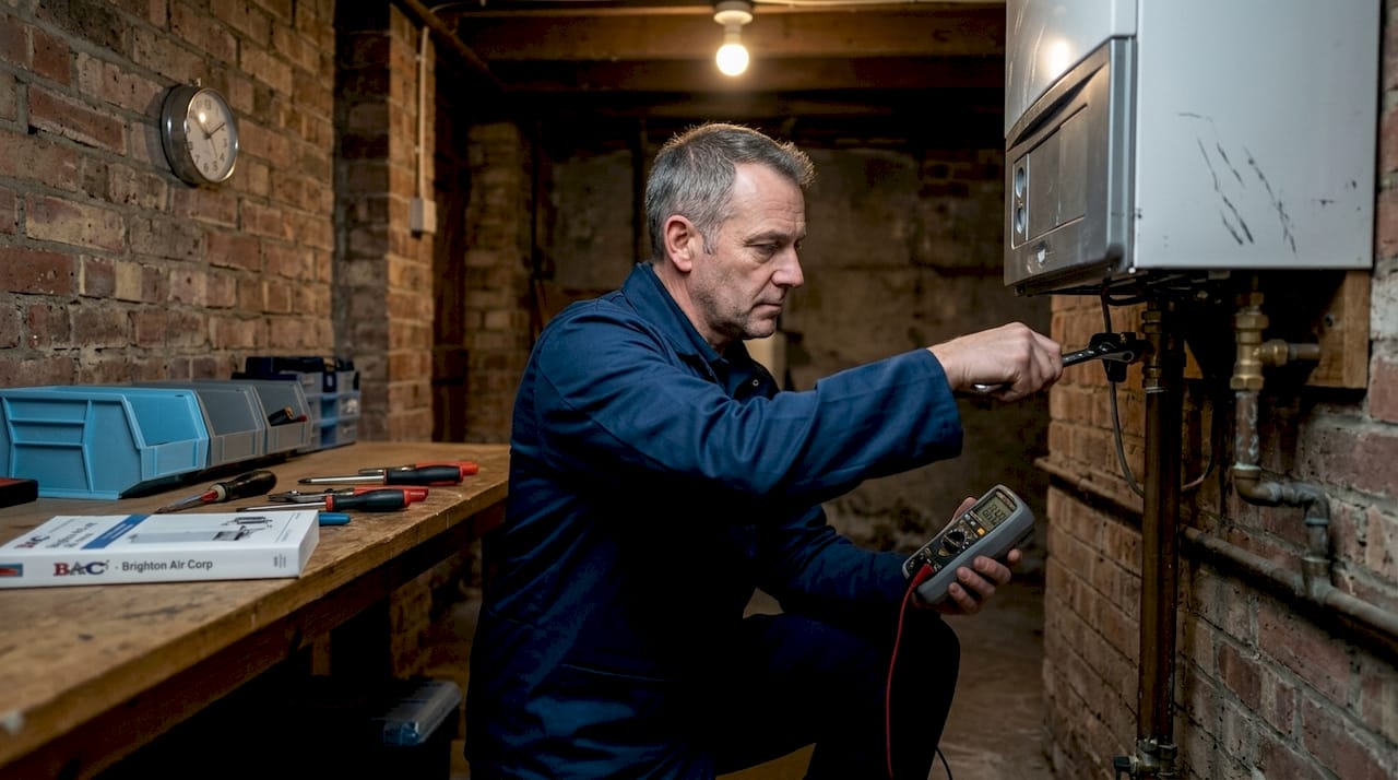 Technician repairing boiler in residential basement