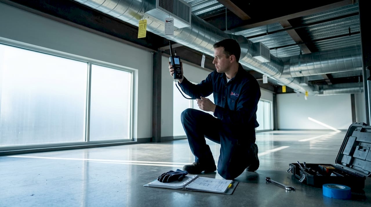 Technician testing airflow at duct supply vent