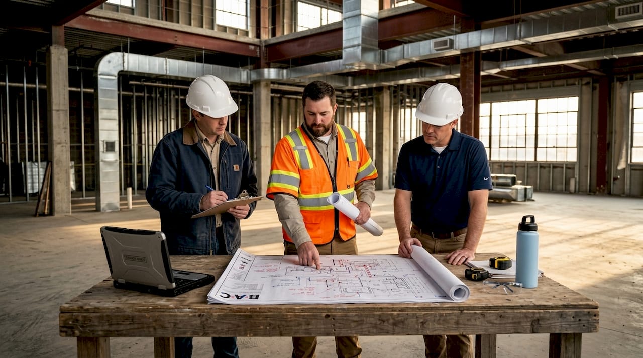 Construction team reviews HVAC plans on site