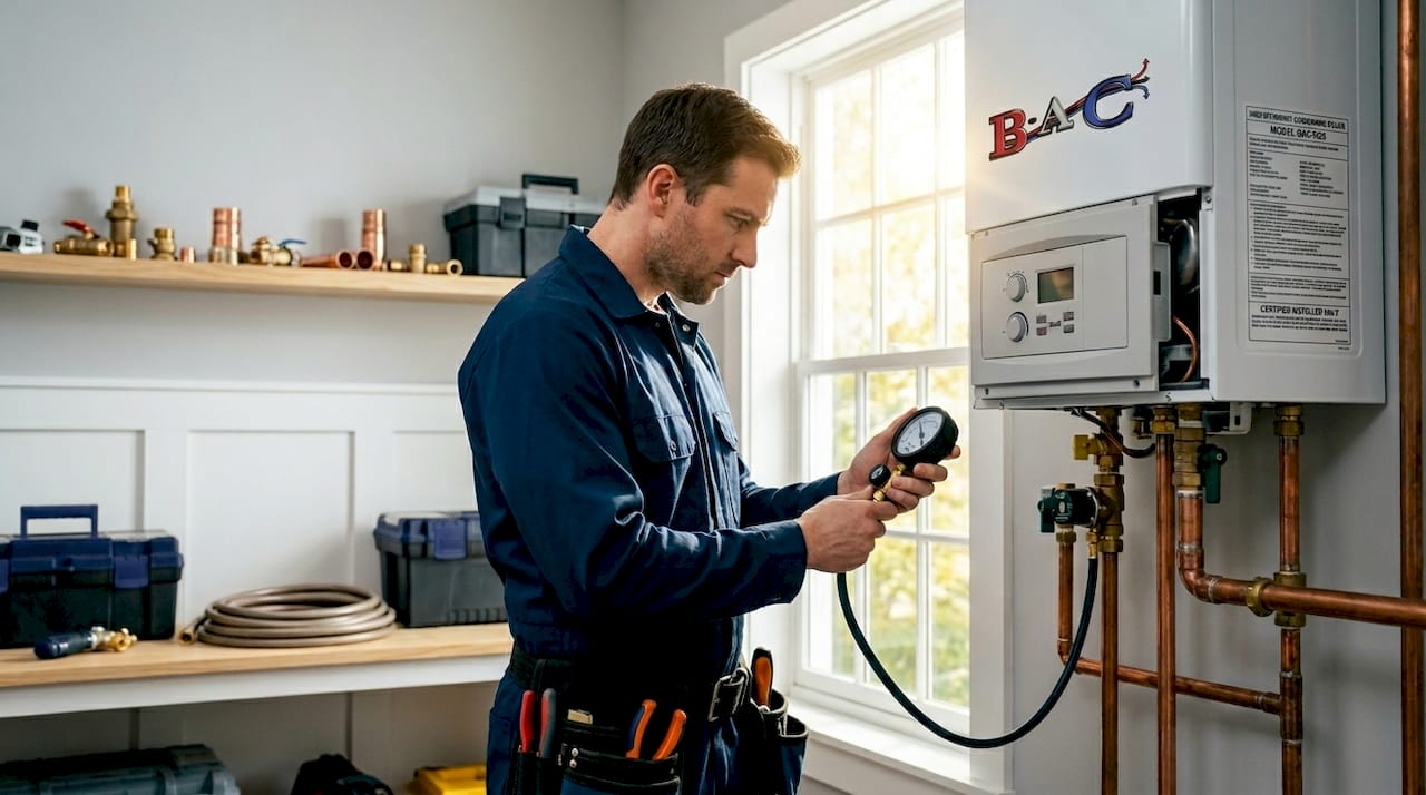 Technician inspecting home boiler in utility room