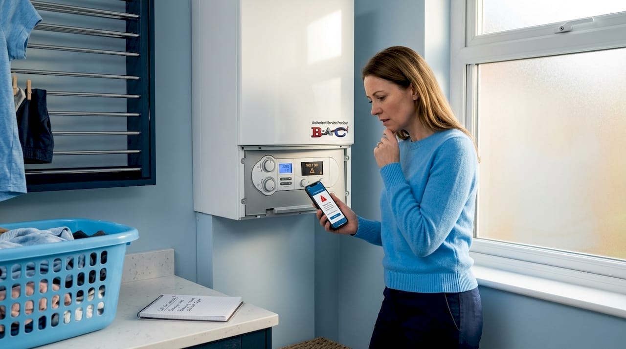 Homeowner diagnosing noisy boiler with smartphone app