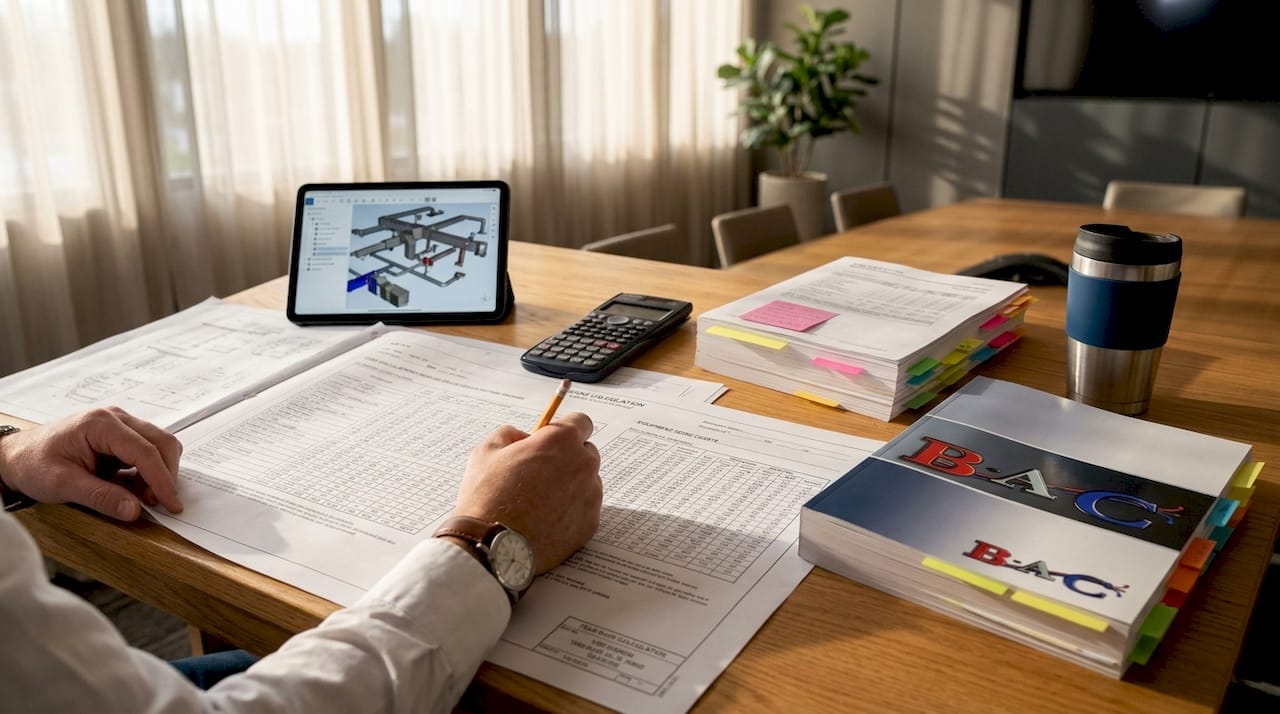 Engineer reviewing HVAC load calculations and equipment charts