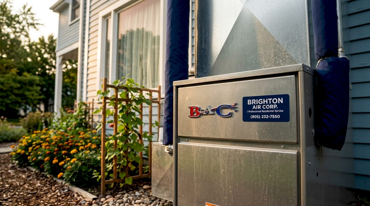 Outdoor home HVAC unit on concrete pad