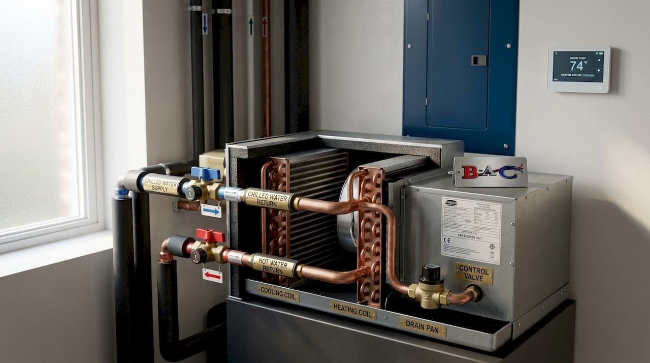 Cutaway view of four-pipe fan coil HVAC system