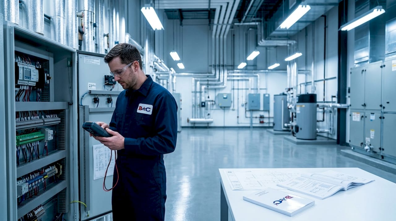 HVAC engineer inspecting mixed-use building mechanical room