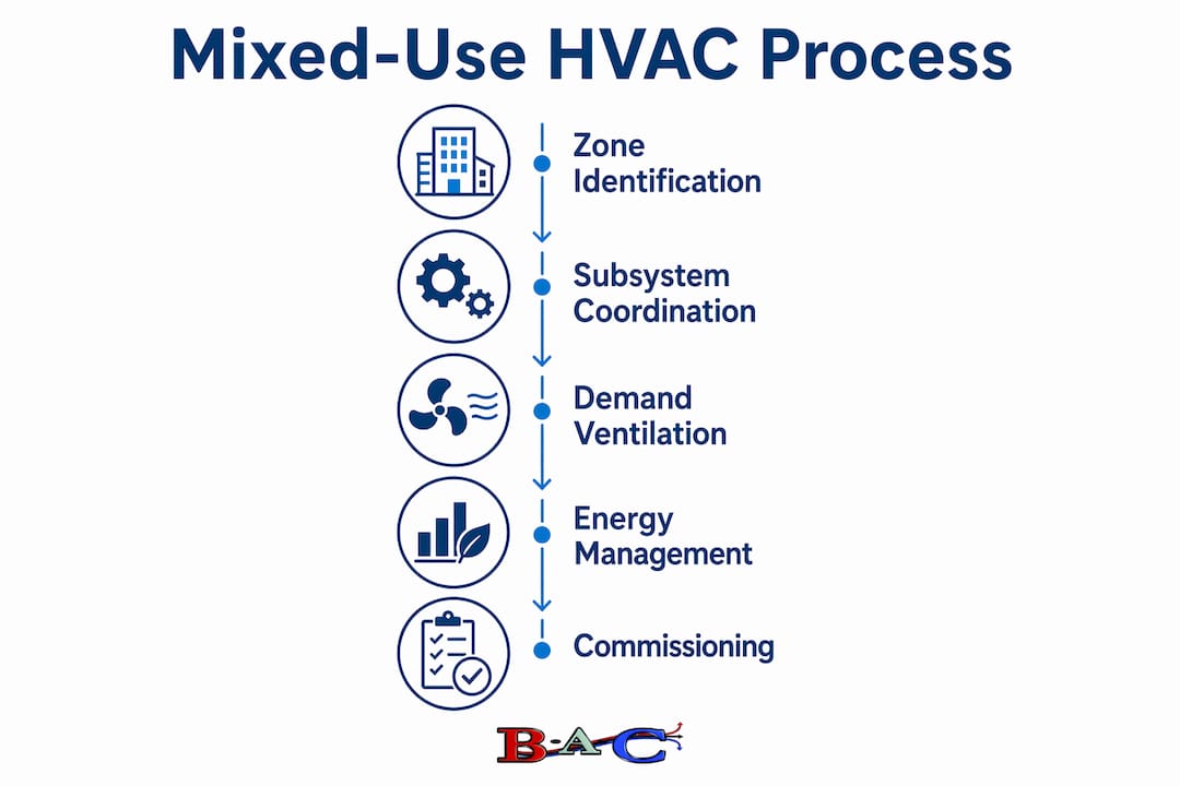 Infographic illustrating mixed-use building HVAC process steps