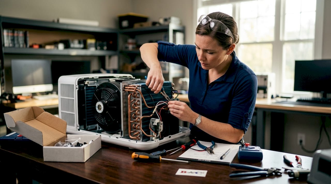 Engineer assembling portable AC unit components