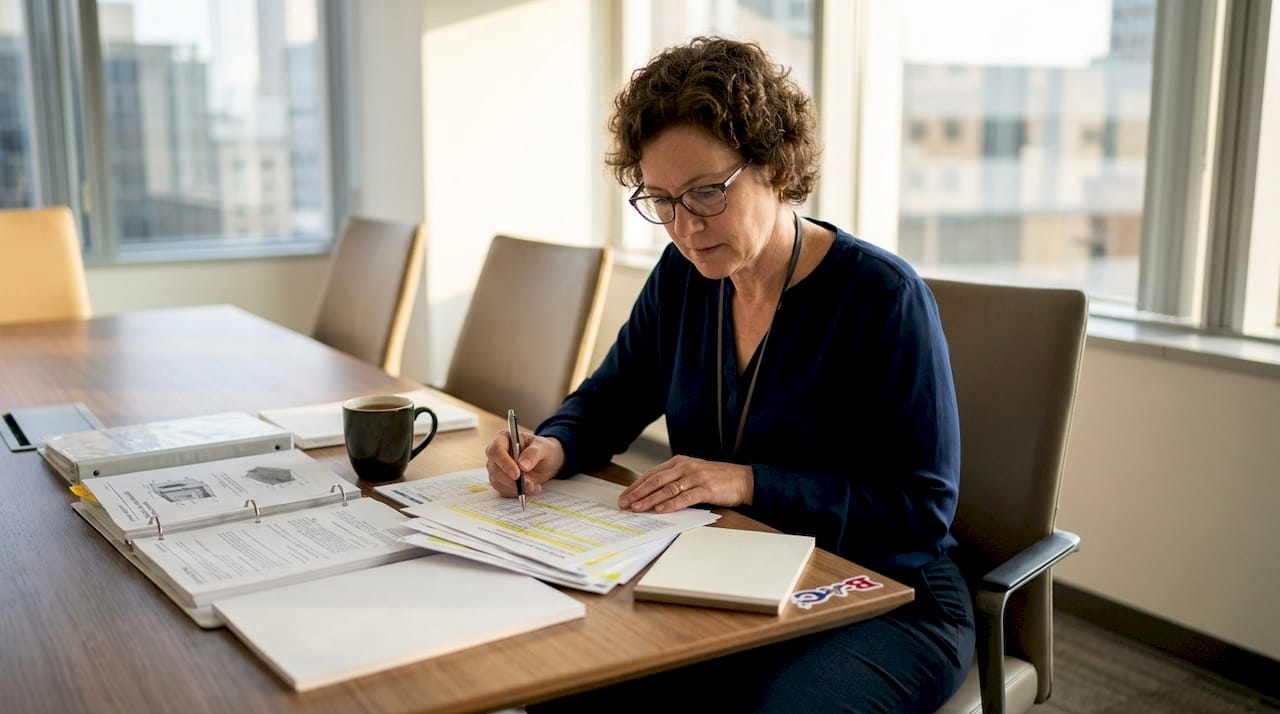 Facility manager examining HVAC balancing reports