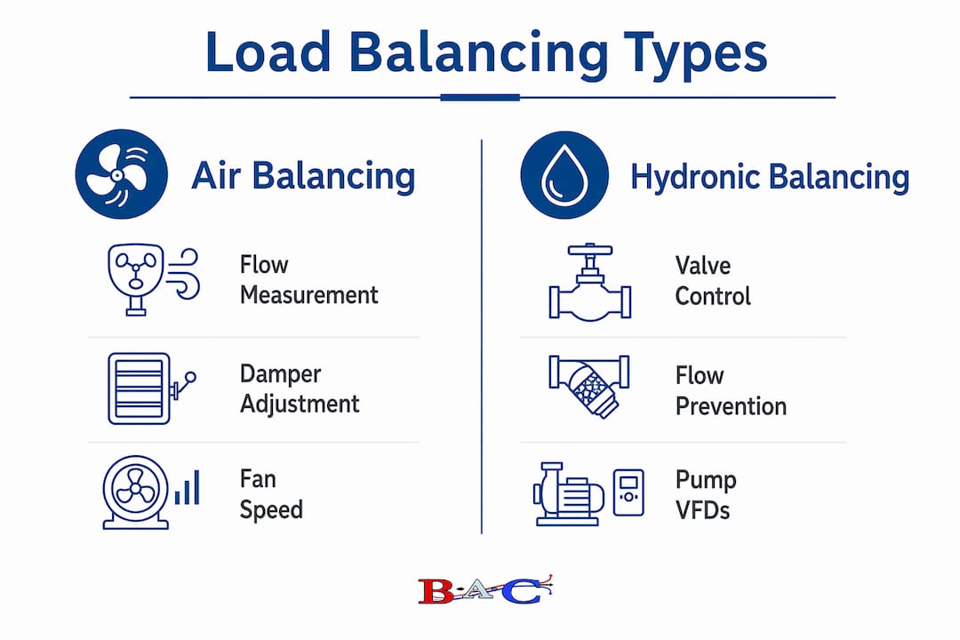 Infographic comparing air balancing and hydronic balancing
