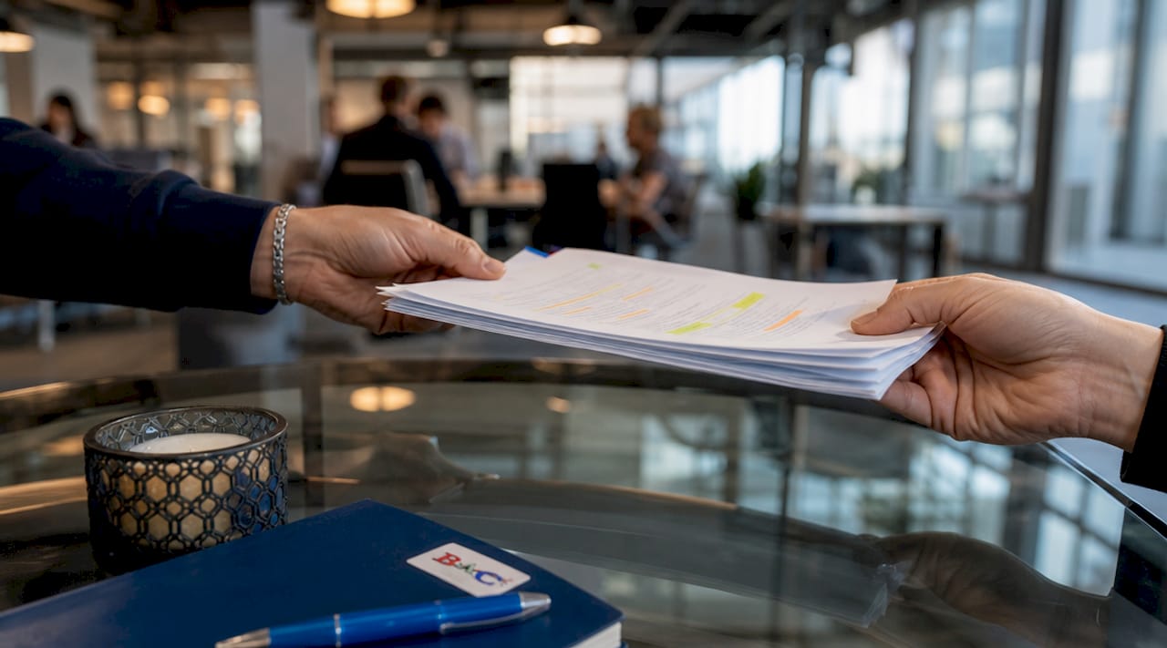 Hands exchanging HVAC contractor quotes over desk