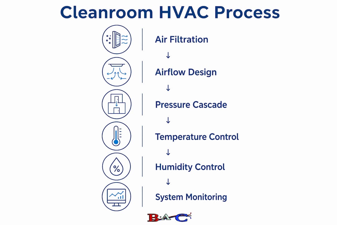 Infographic illustrating cleanroom HVAC process steps