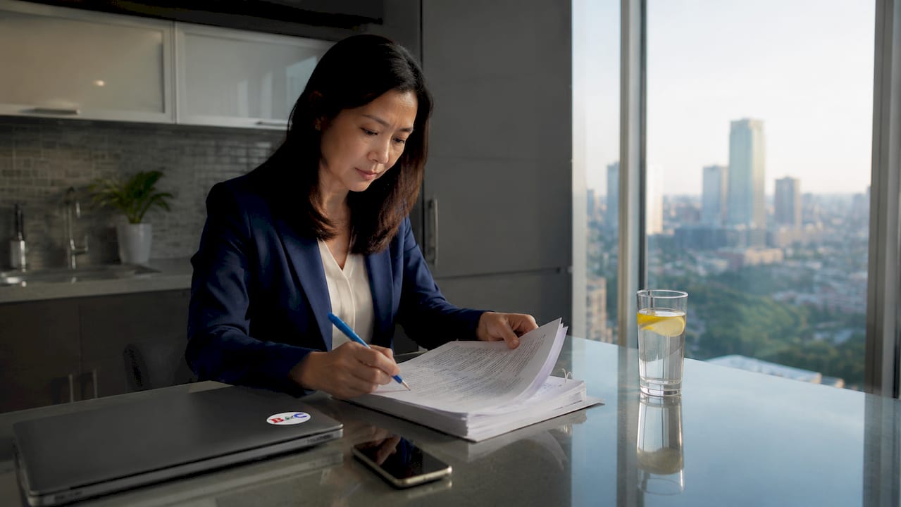 Woman reviewing commercial HVAC contract documents