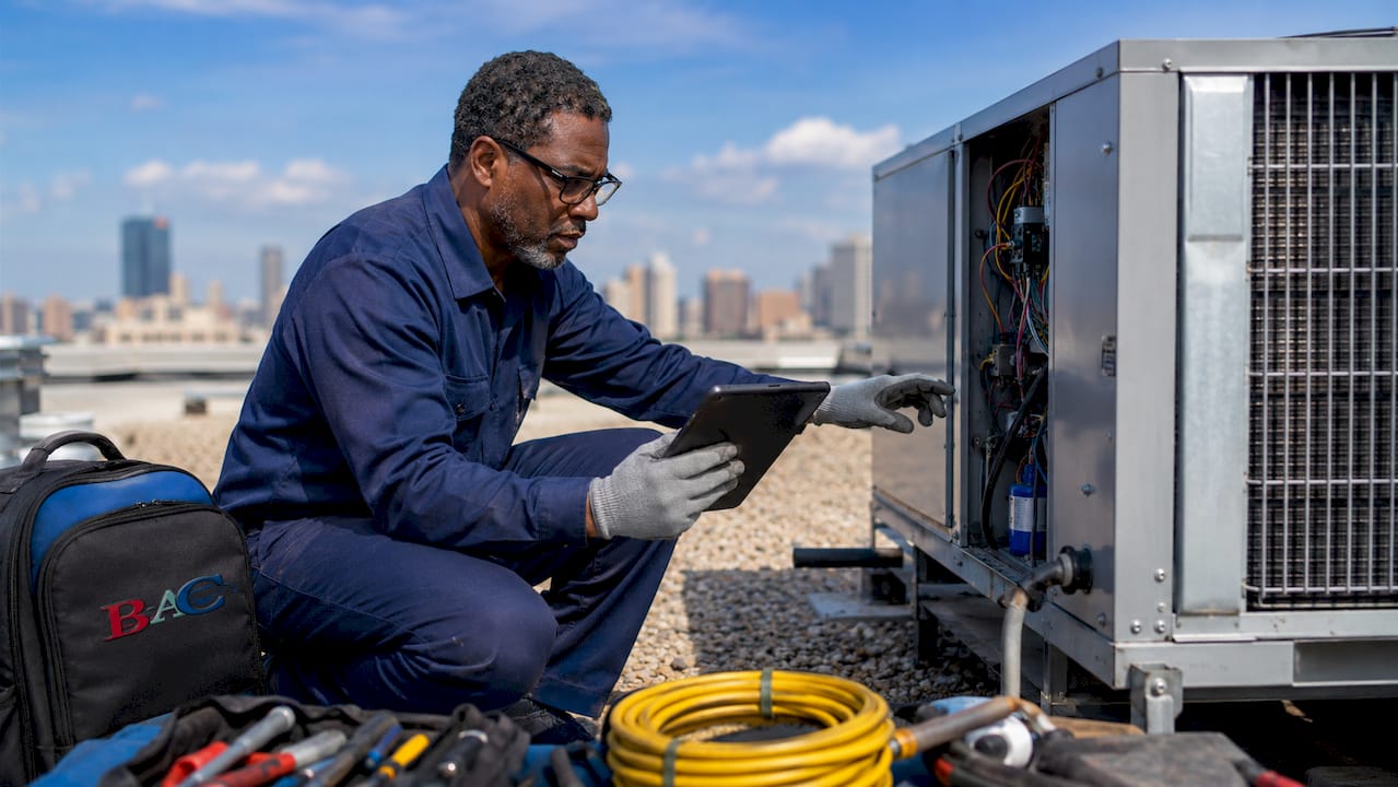 HVAC technician inspecting rooftop unit with tablet
