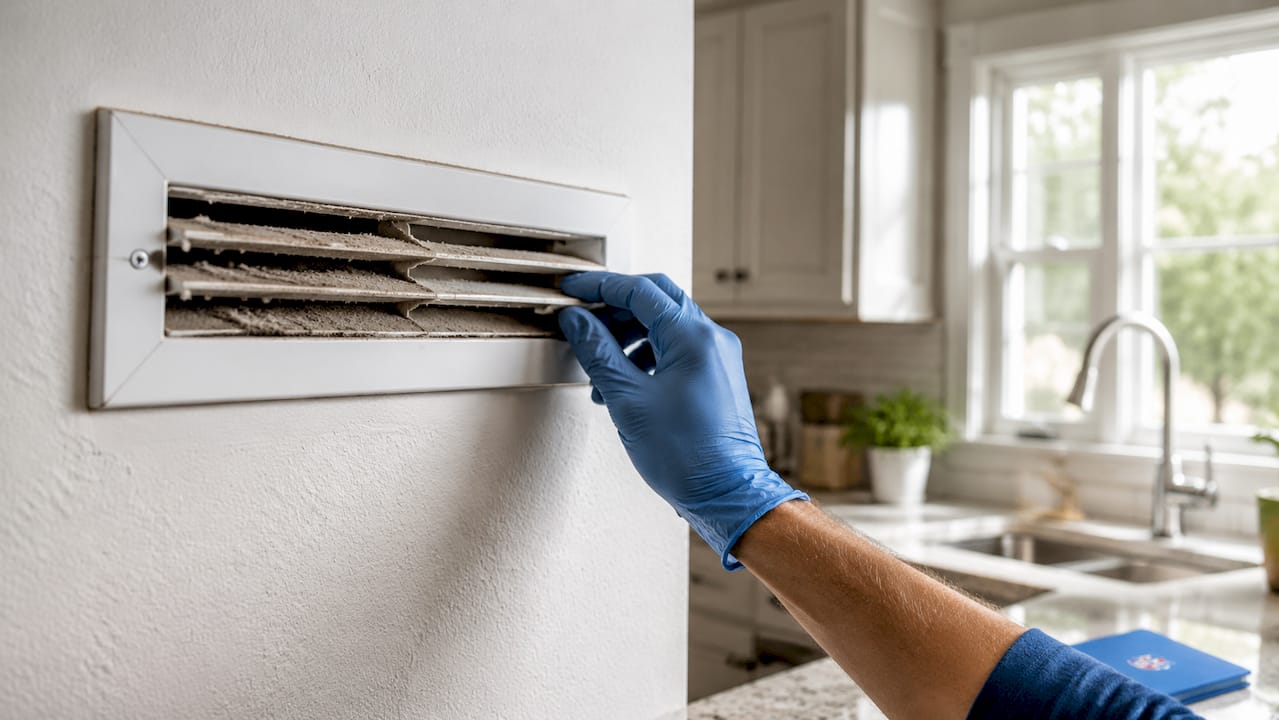 Close-up view of dusty blocked HVAC vent grille