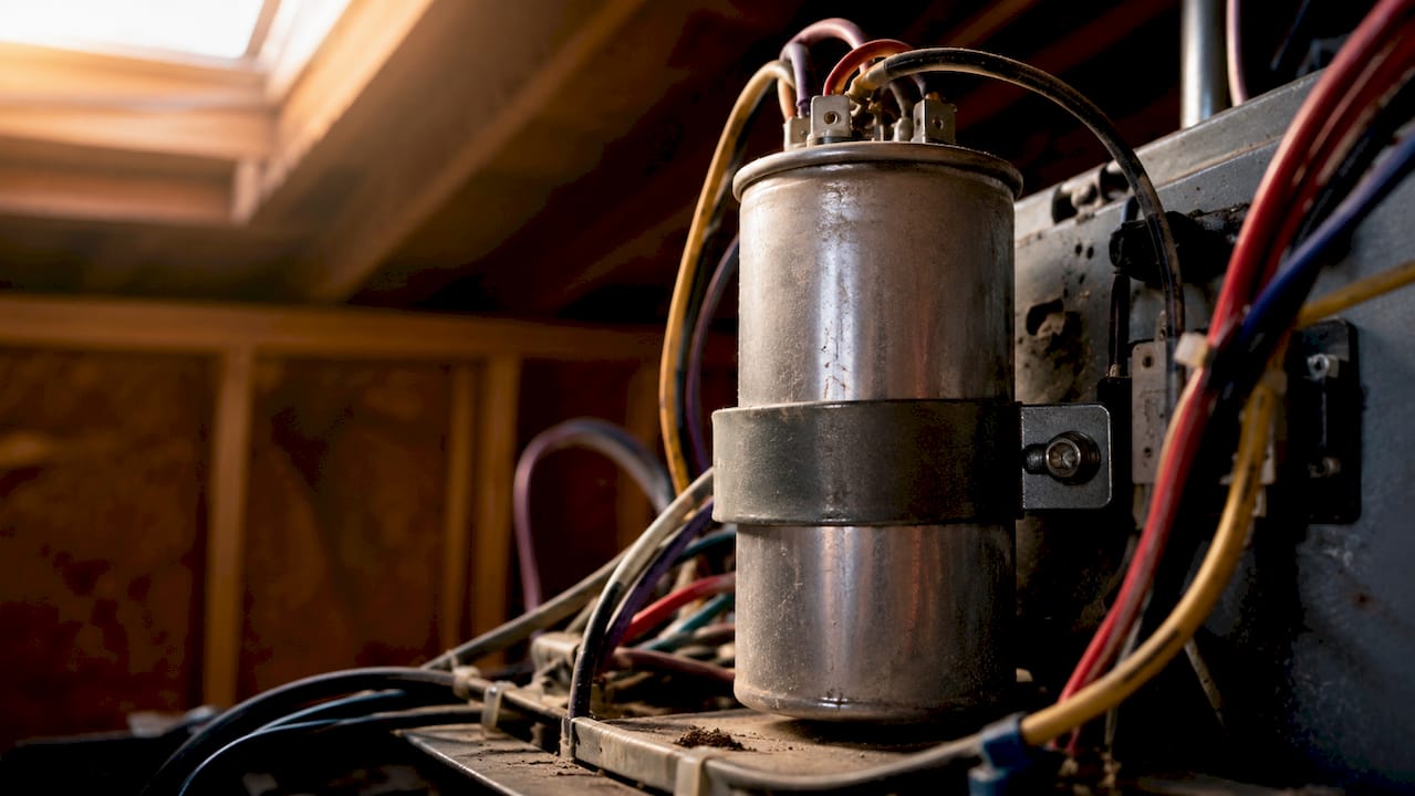 Close-up of heat pump capacitor inside unit