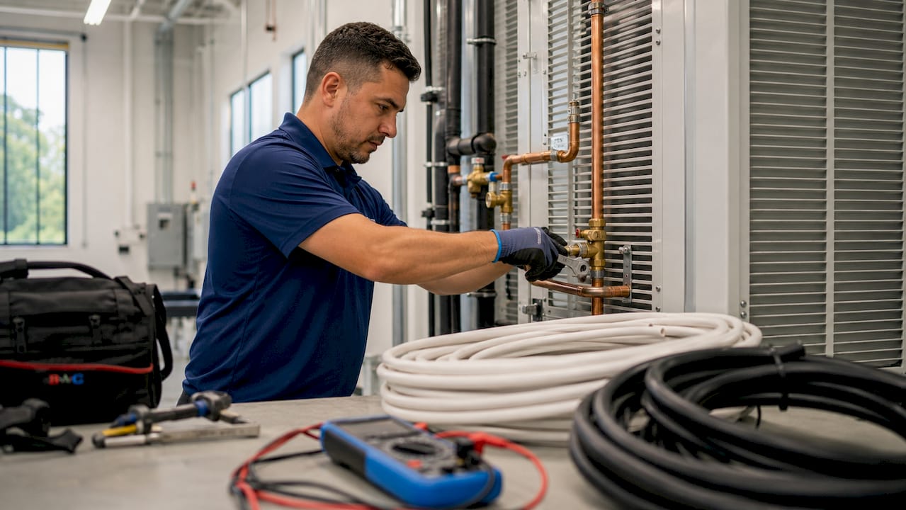 Technician installing VRF HVAC piping overhead view