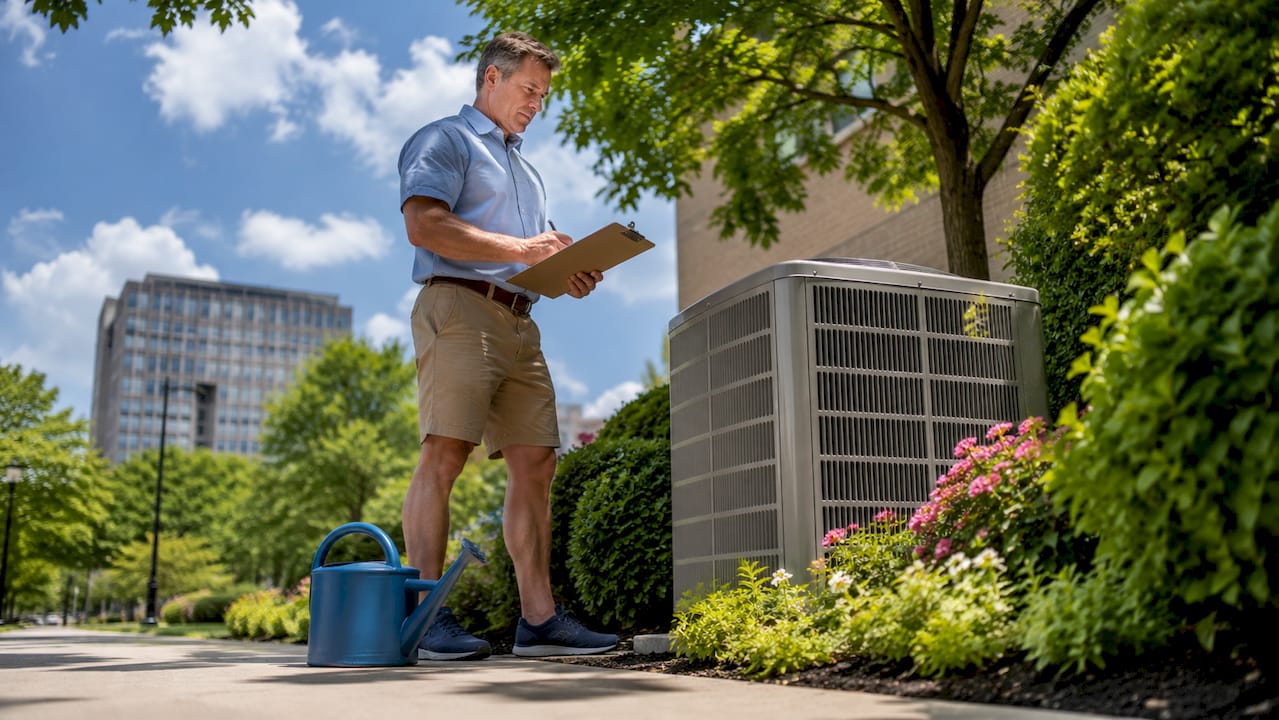 Homeowner inspecting outdoor AC unit