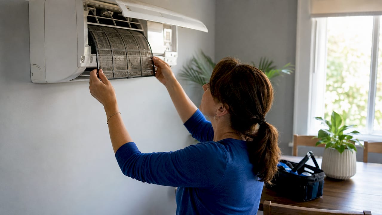 Hands replacing HVAC air filter indoors