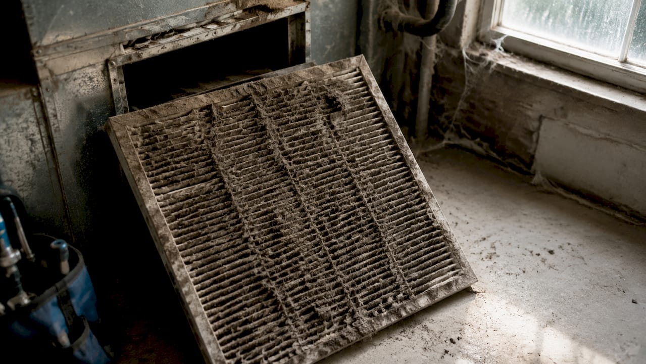 Close-up of clogged furnace air filter inside system