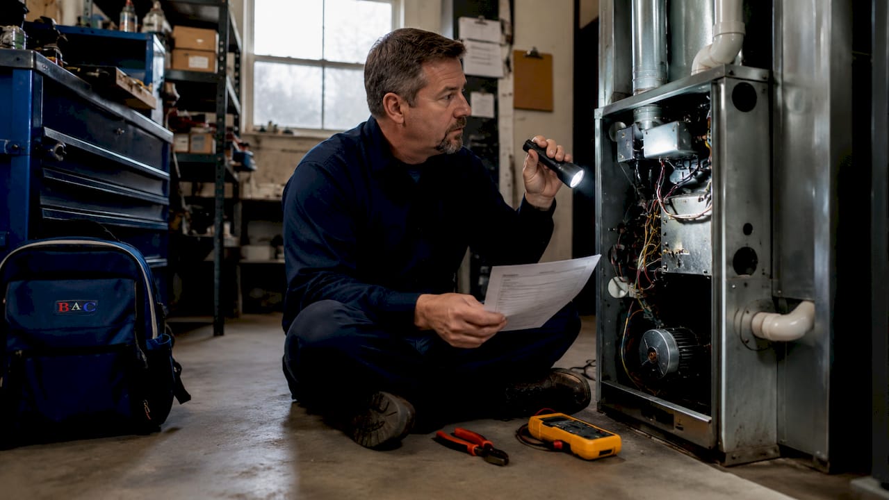 Technician inspecting home furnace in basement