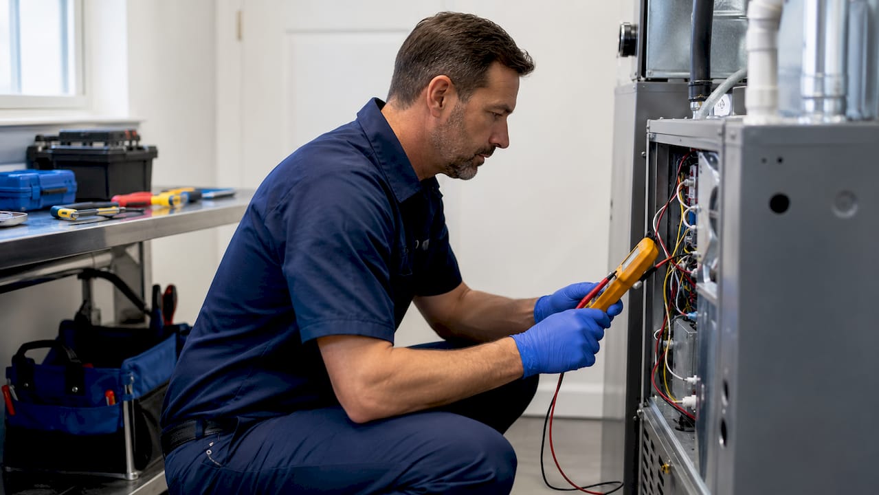 HVAC technician diagnosing furnace in basement