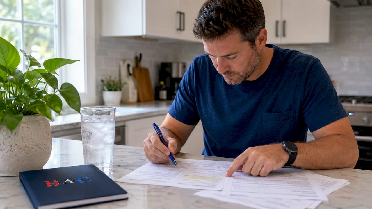 Hands reviewing HVAC warranty documents at table