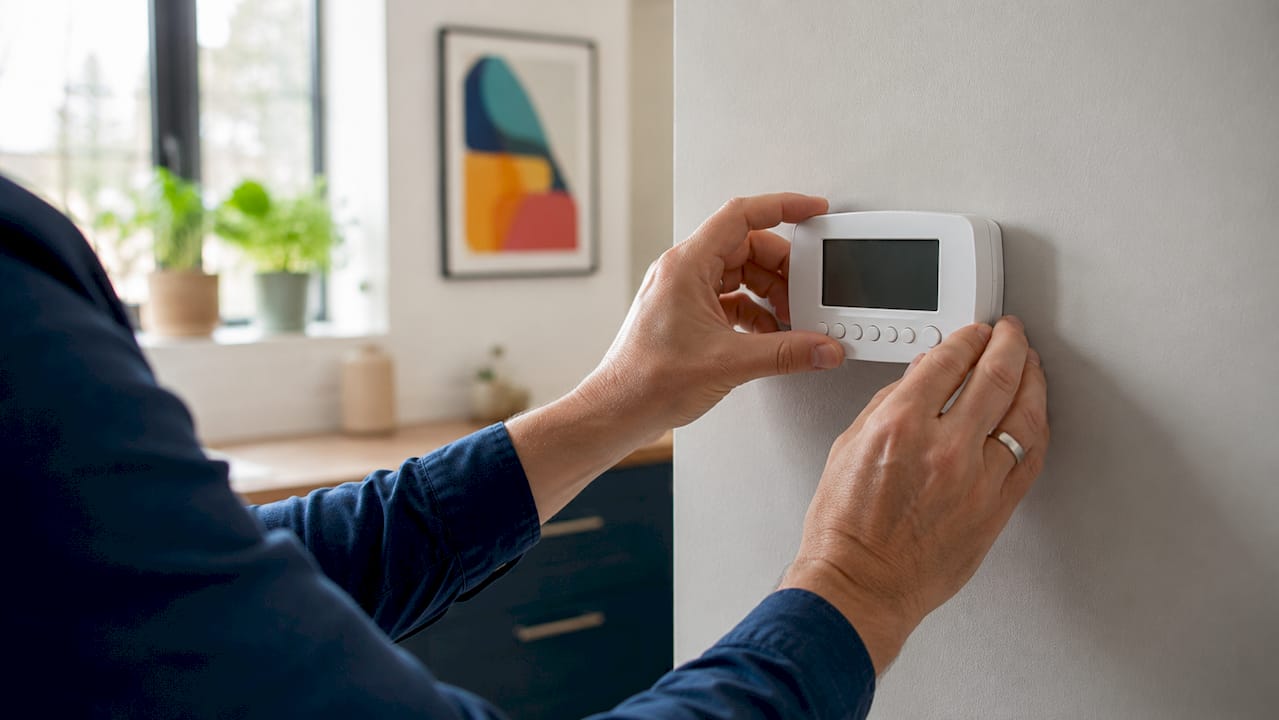 Hands programming home thermostat controls