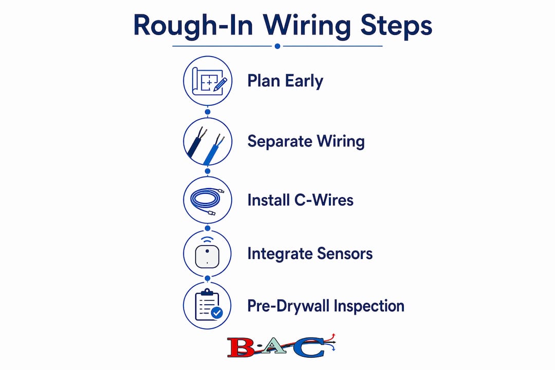 Infographic showing key rough-in wiring steps for smart HVAC