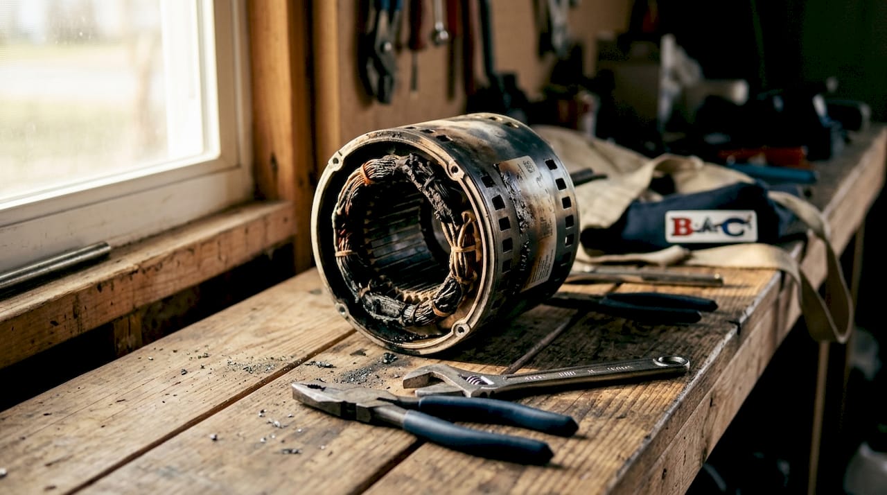 Close-up of damaged AC compressor motor internals