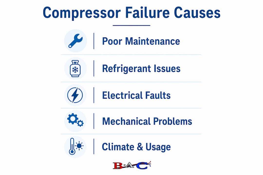 Infographic showing top AC compressor failure causes