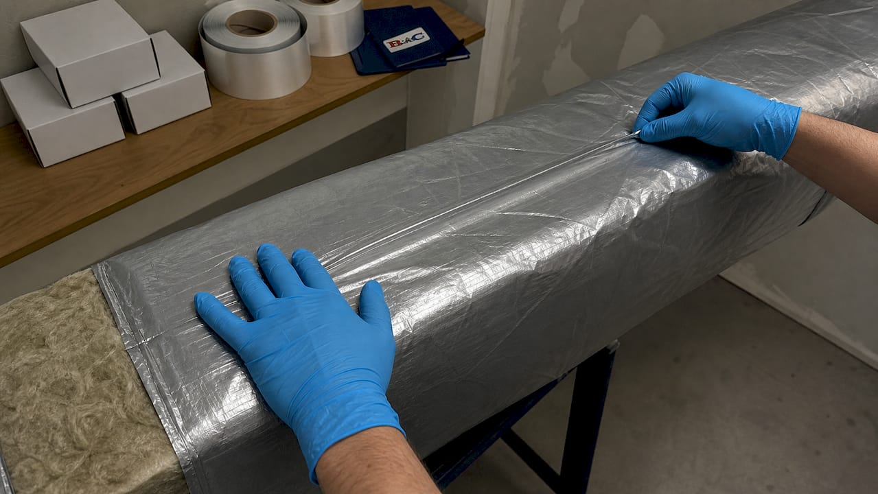 Hands applying vapor barrier on insulated HVAC duct