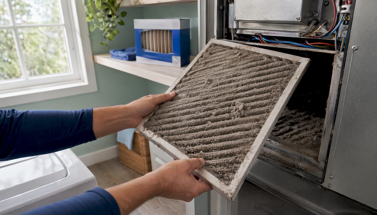 Close-up hands changing dirty furnace air filter