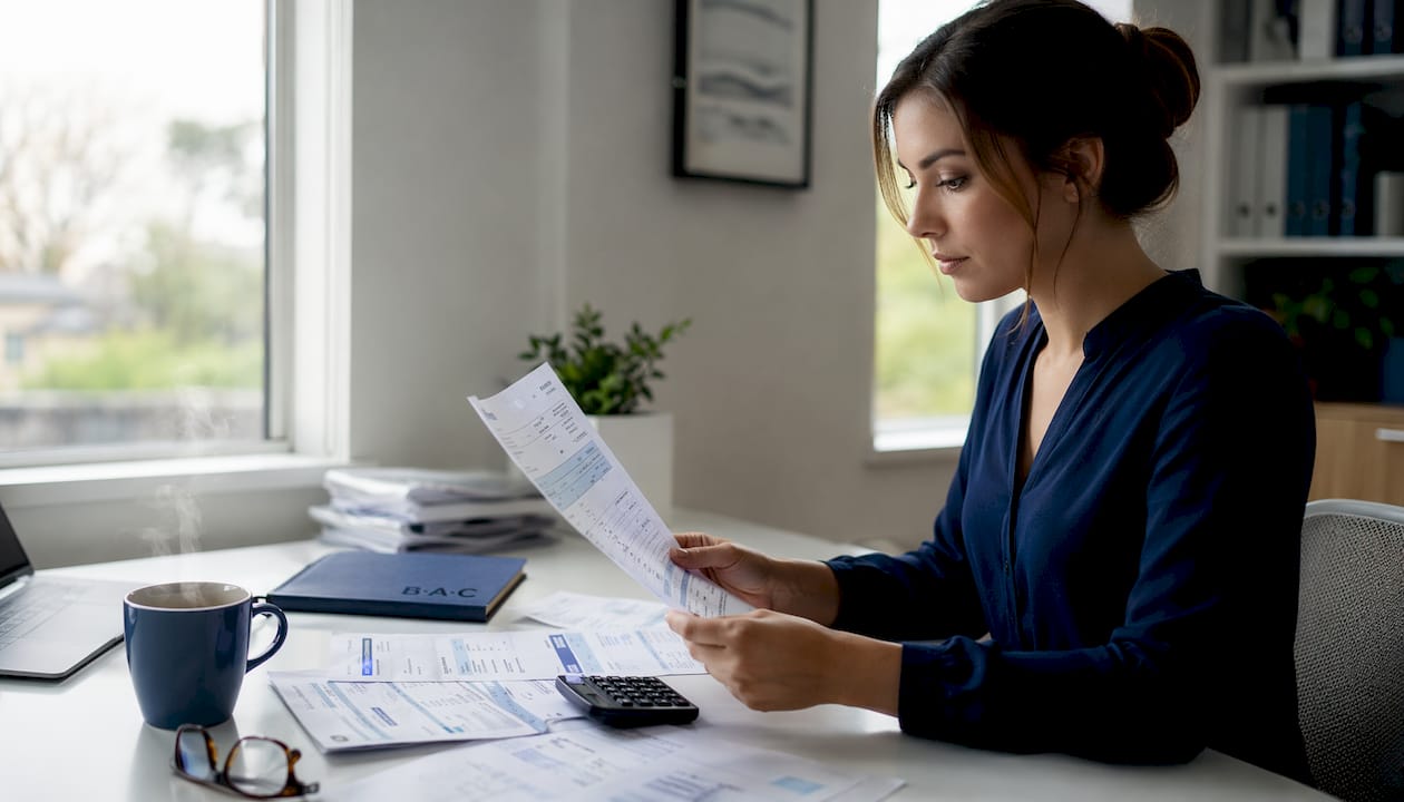 Woman comparing energy bills at kitchen table